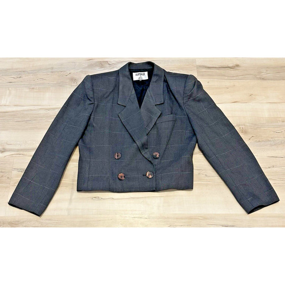 Kasper Women 12 Blazer Long Sleeve Button Front Lined Cropped Plaid Gray - Picture 1 of 7